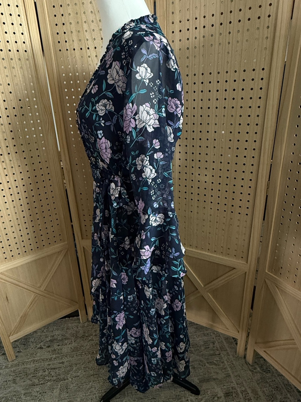 Tahari Navy Floral Wrap Dress with Lavender Accents - Picture 2 of 4